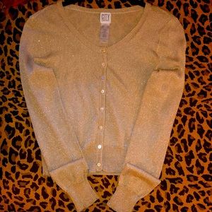 Donna Karan gold lame cardigan with pearl buttons